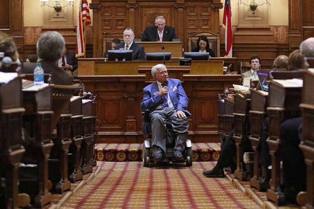 Rep. E. Culver "Rusty" Kidd, I-Milledgeville, speaks against a bill Wednesday, March 16, 2016, in Atlanta. The Georgia House on Wednesday approved changes to the contentious bill protecting opponents of same-sex marriage. The changes sent to the Senate would protect religious officials who decline performing gay marriages, prevent government burden of religious belief and also prevent government penalty against faith-based organizations, including refusal to serve or hire someone. (Bob Andres/Atlanta Journal-Constitution via AP) MARIETTA DAILY OUT; GWINNETT DAILY POST OUT; LOCAL TELEVISION OUT; WXIA-TV OUT; WGCL-TV OUT; MANDATORY CREDIT